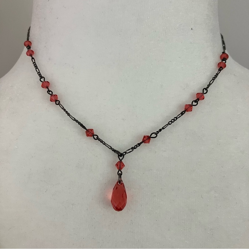 Single strand graphite color necklace rose colored glass teardrop & beads 14"